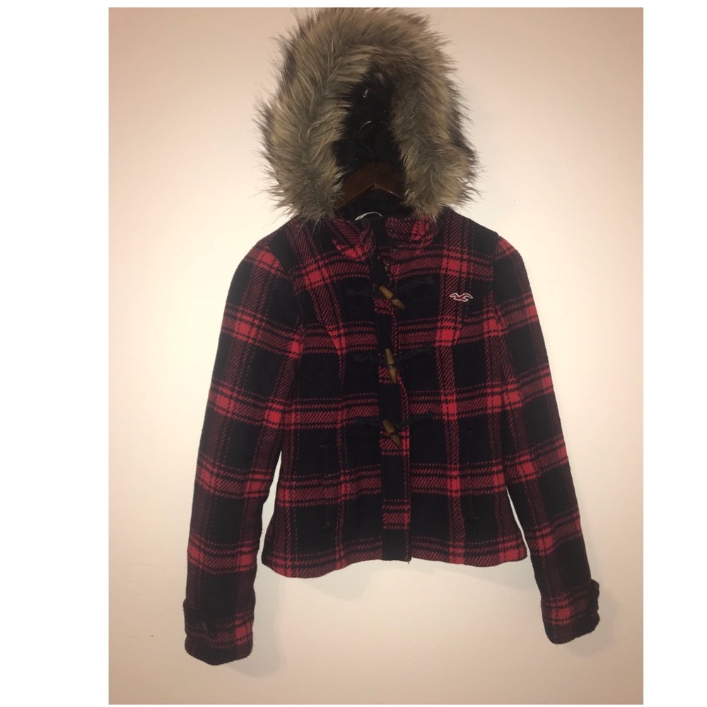 Hollister plaid jacket w/ fur-lined hood.